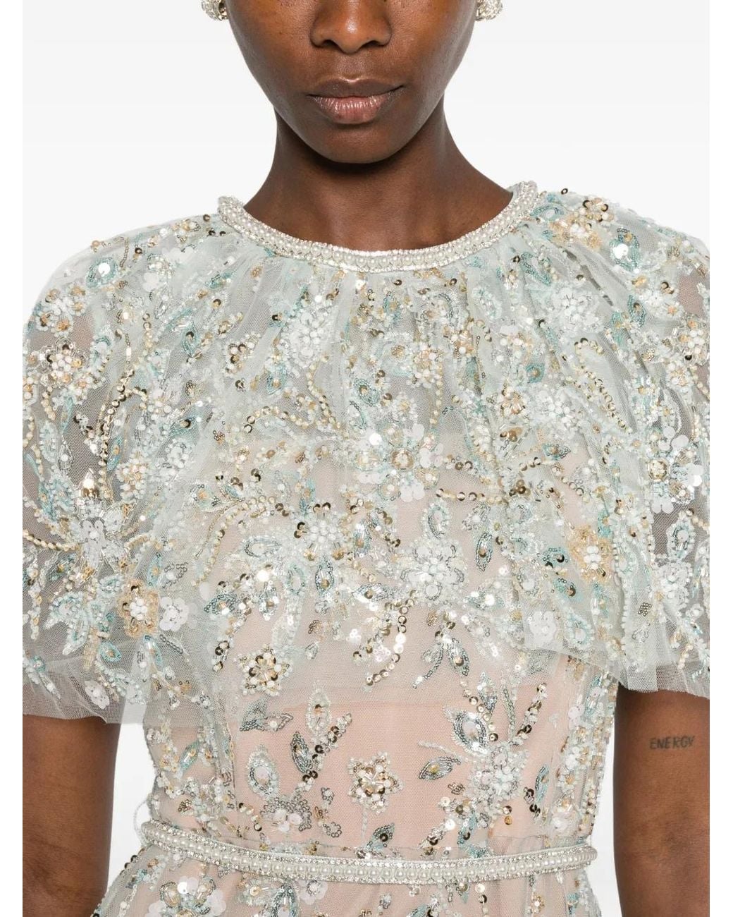 Self-Portrait White Sequin-Embellished Cape-Sleeve Maxi Dress