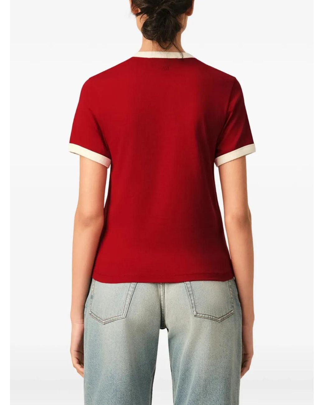 AMI Red Contrasted Cotton T-Shirt With Ami De Coeur
