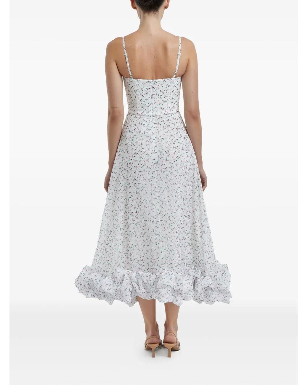 POST MERIDIEM White Floral-Print Flounce Buster Midi Dress
