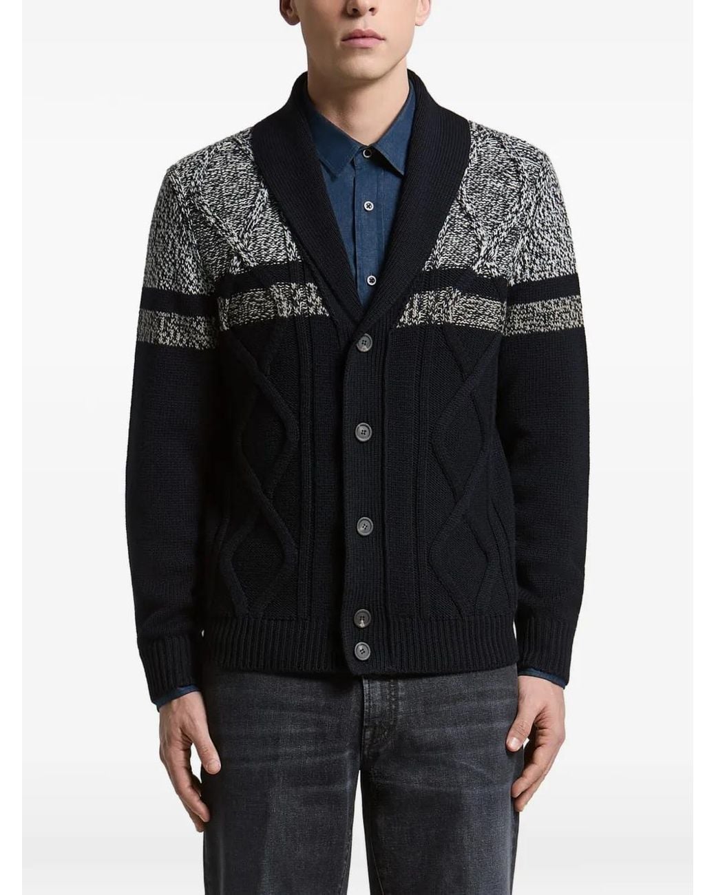 Peserico Black Cable-Knit Shawl-Collar Cardigan for men