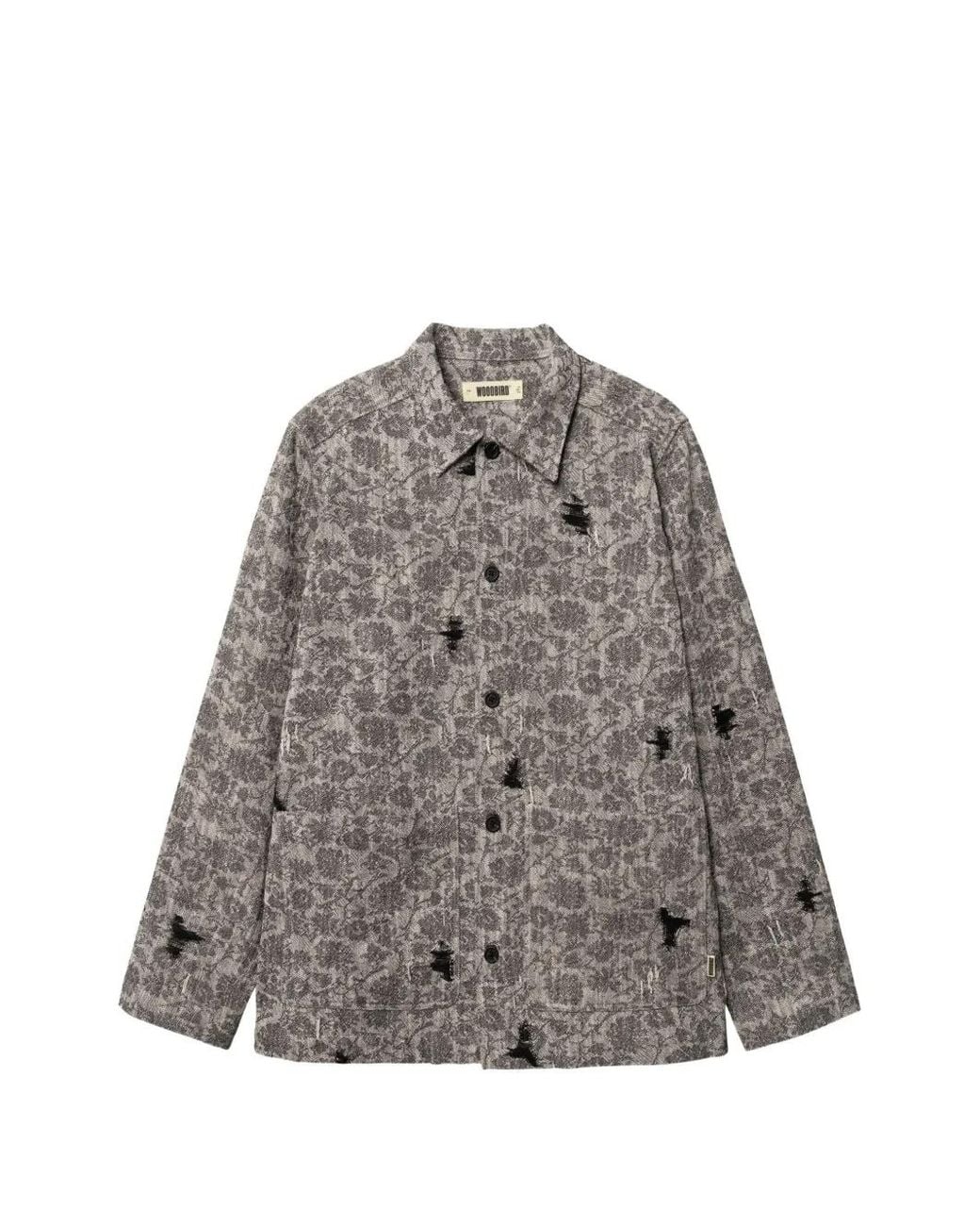 Woodbird Gray Blade Rip Distressed Floral-Print Shirt Jacket for men