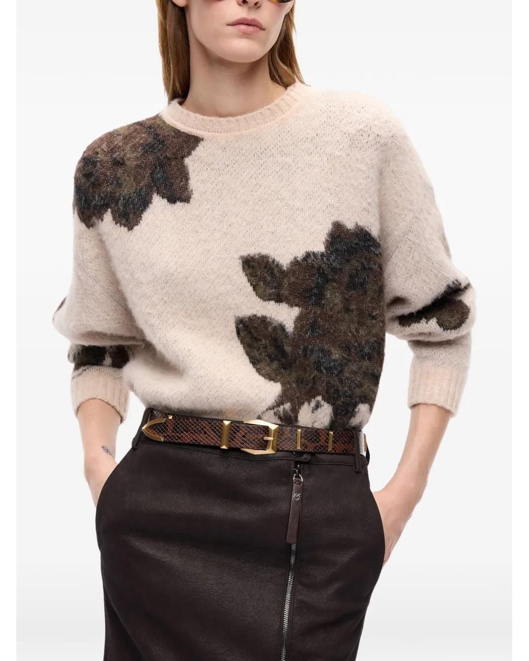 Pinko Black Relaxed Fit Soft Jacquard Sweater With Floral Patterns