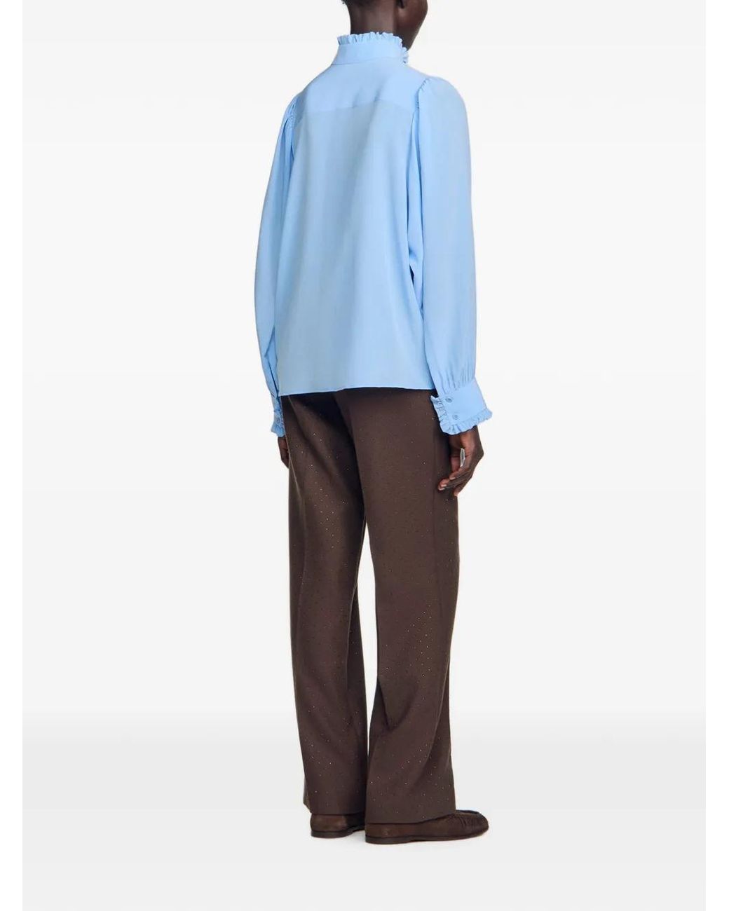 Sandro Blue Silk Shirt With Gathered Collar