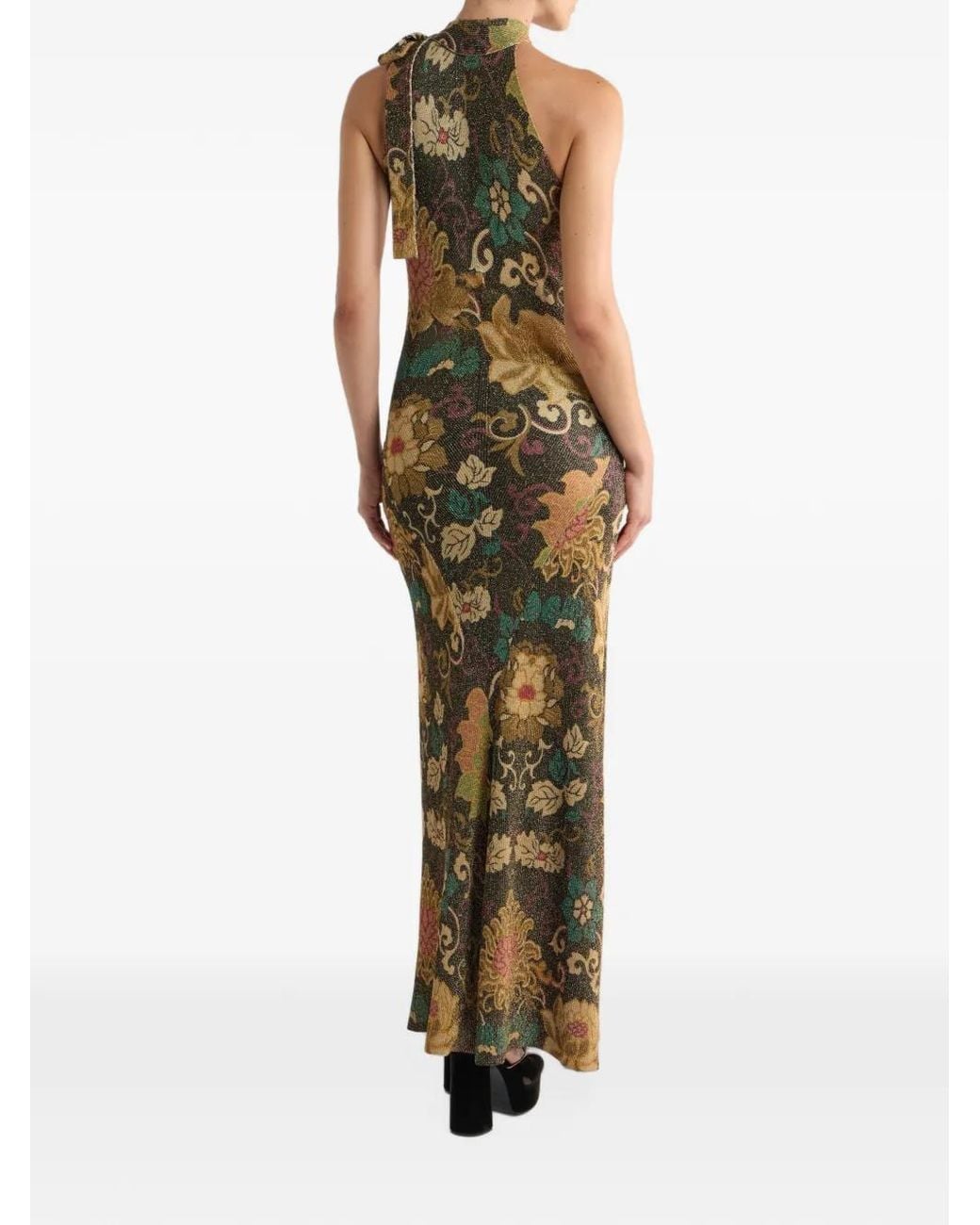 Black Ribbon Ribbed Etro Metallic Ribbed-Knit Long Dress With Floral-Motif in Green | Lyst