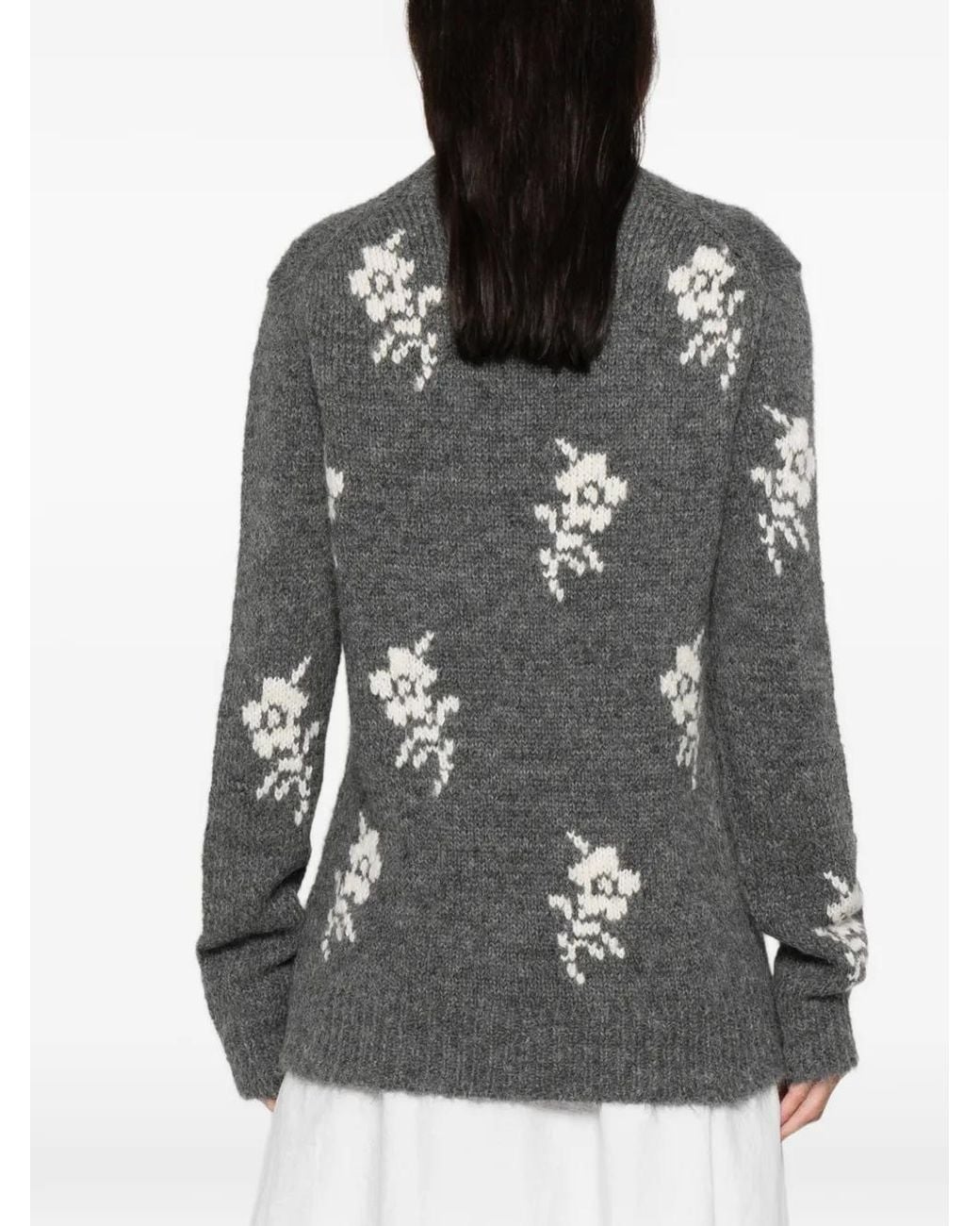 Jil Sander Gray Floral-Pattern Crew-Neck Sweater