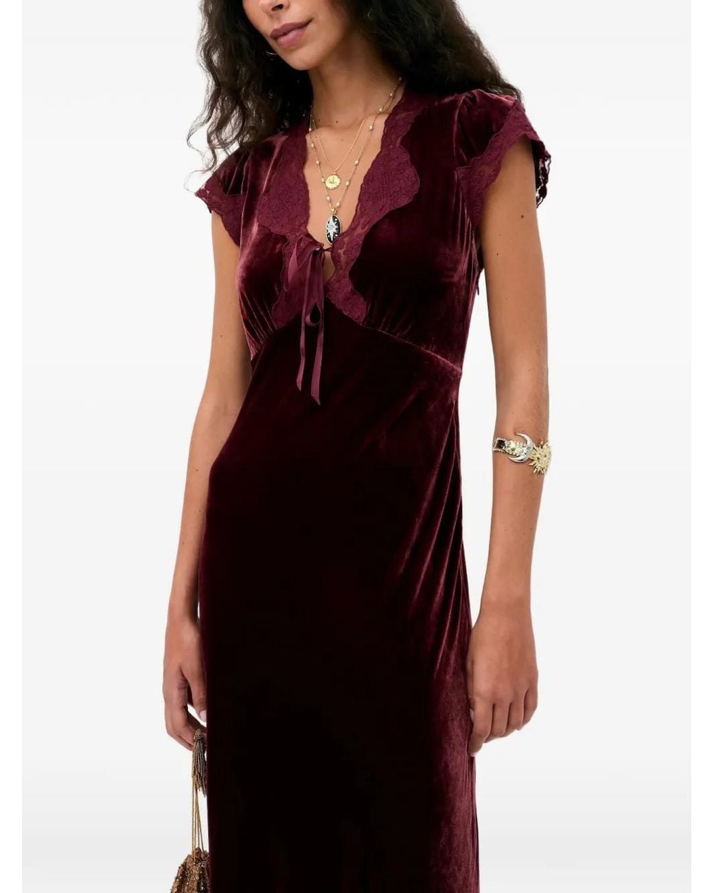 Rixo Purple Robe Mi-Longue Amari En Velours À Finitions En Dentelle