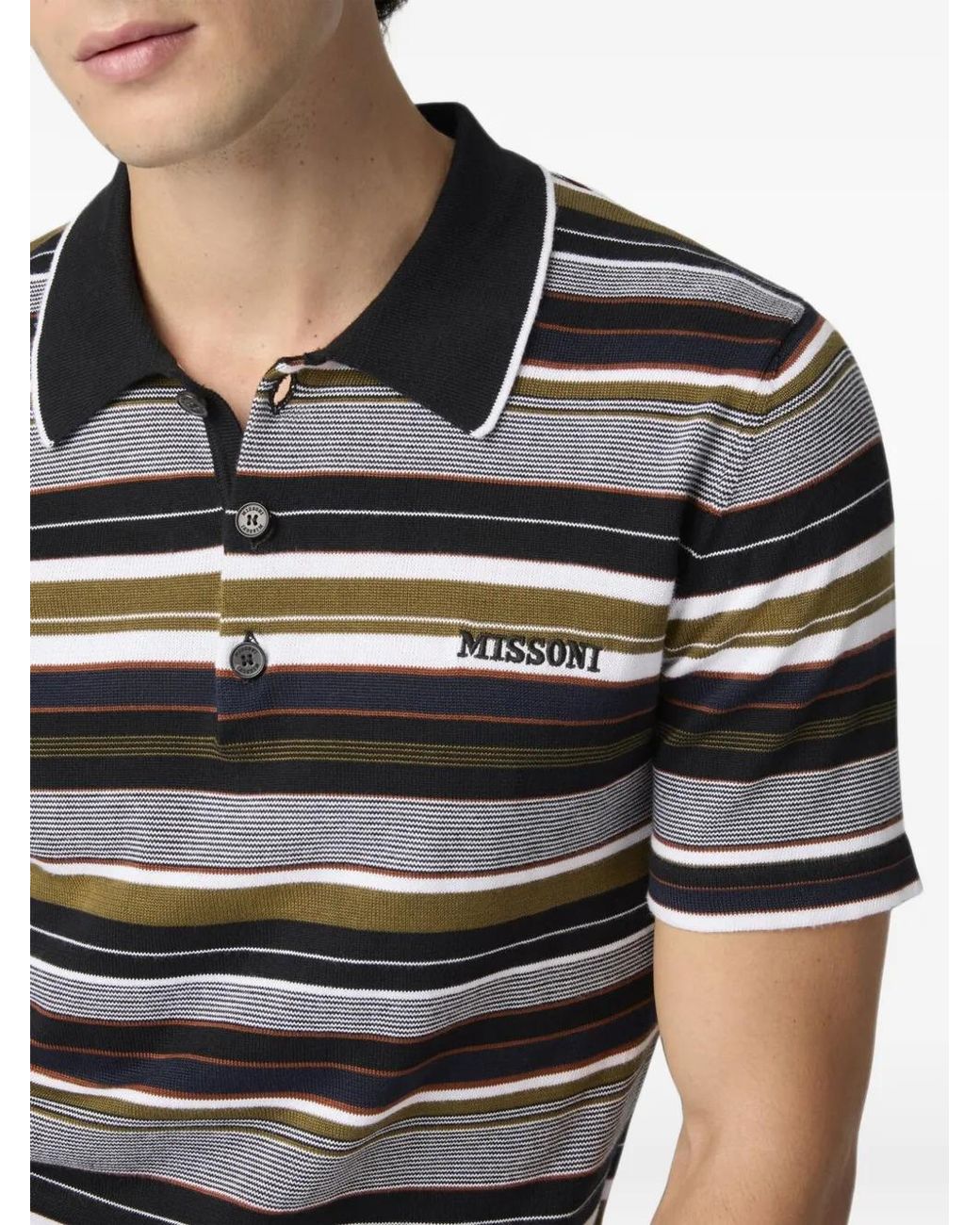 Missoni Black Striped Cotton Polo Shirt With Embroidered Logo Lettering for men
