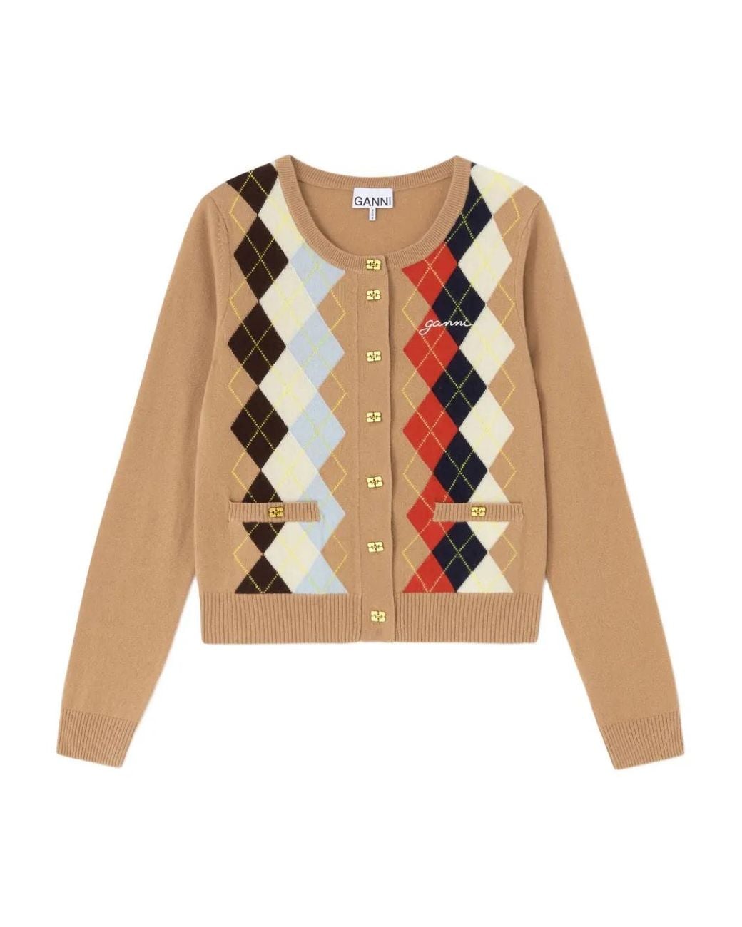 Ganni White Argyle Button Cardigan