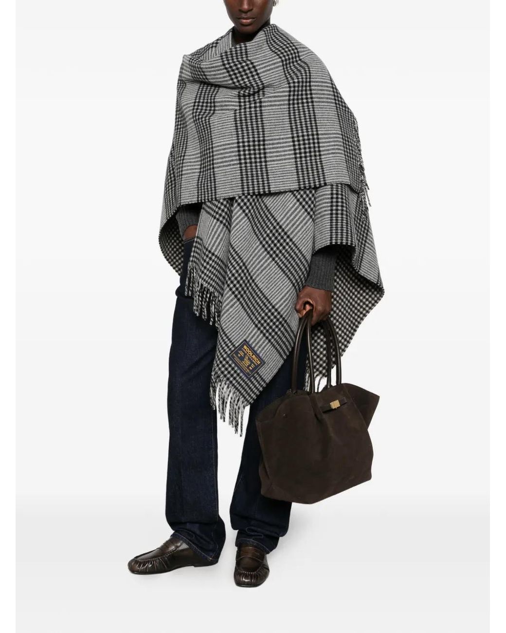 Woolrich Gray Check-Pattern Fringed Cape