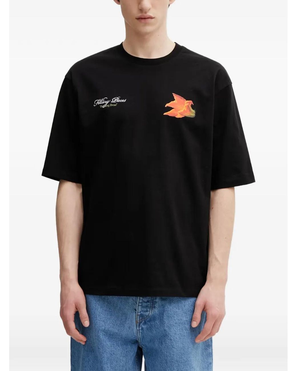 Filling Pieces Black Zucchini Floral-Print Logo-Print T-Shirt for men
