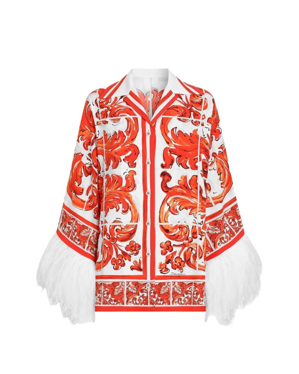 Dolce & Gabbana Red Majolica-Print Charmeuse Shirt With Feather Trim