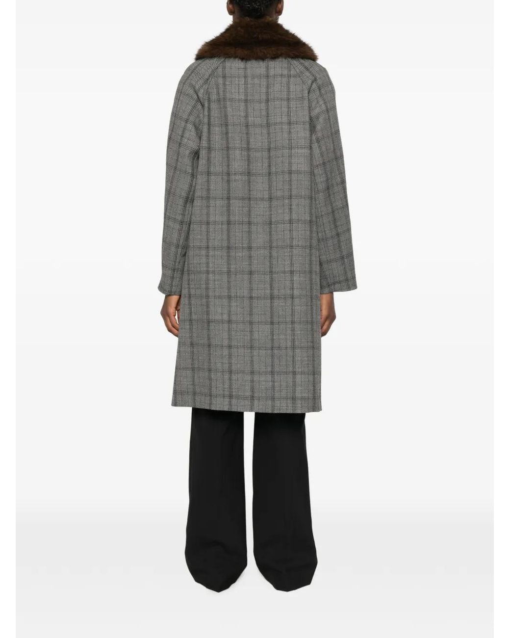 Tela Gray Check Faux-Fur Collar Coat