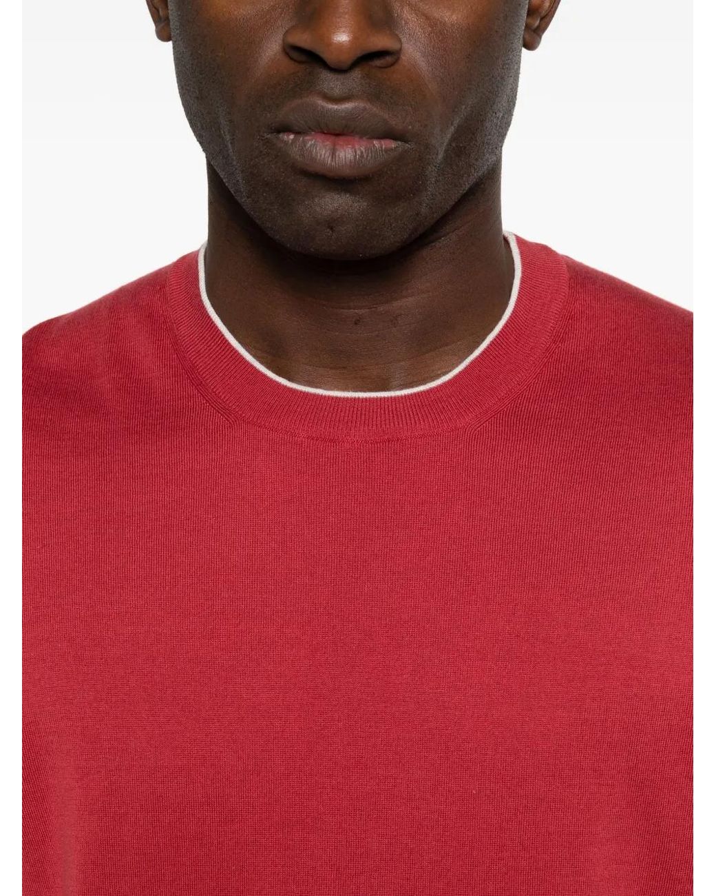 Brunello Cucinelli Red Cotton Lightweight Knit T-Shirt With Contrast Details for men