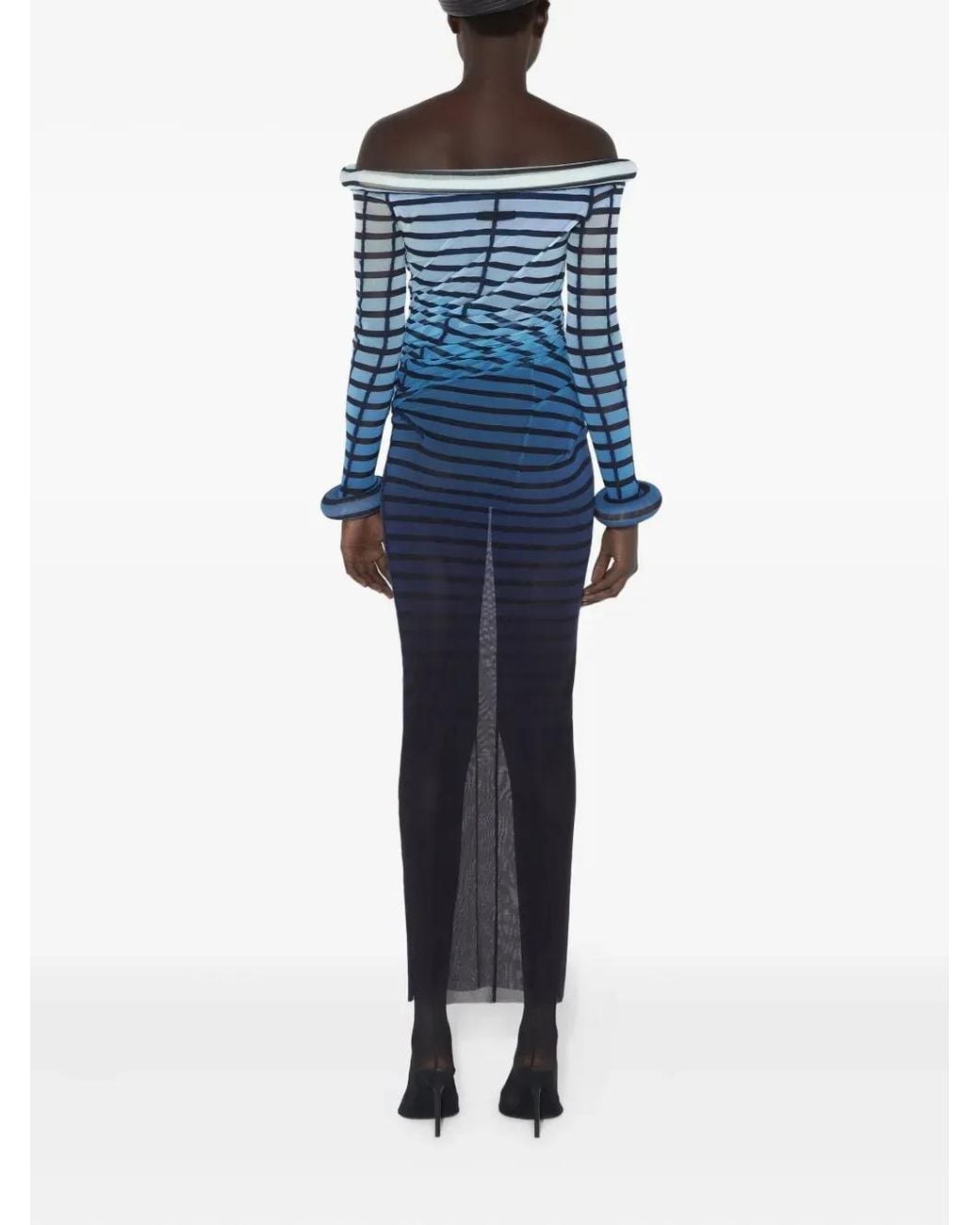 Jean Paul Gaultier Blue Elegant Mesh Boat Neck Long Dress With 3D Collar And Cuff