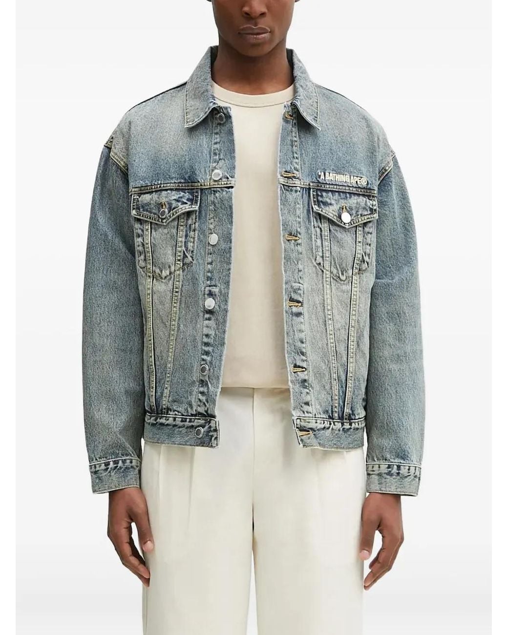 A Bathing Ape Blue Logo-Embroidered Denim Jacket for men