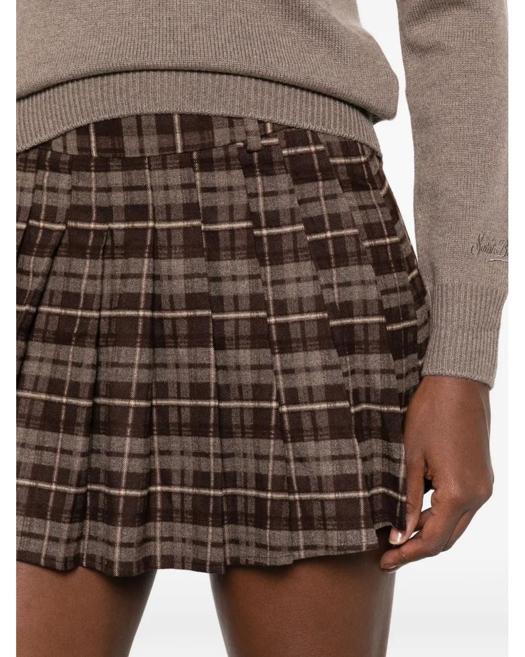 Mc2 Saint Barth Brown Blay Check-Pattern Pleated Mini Skirt