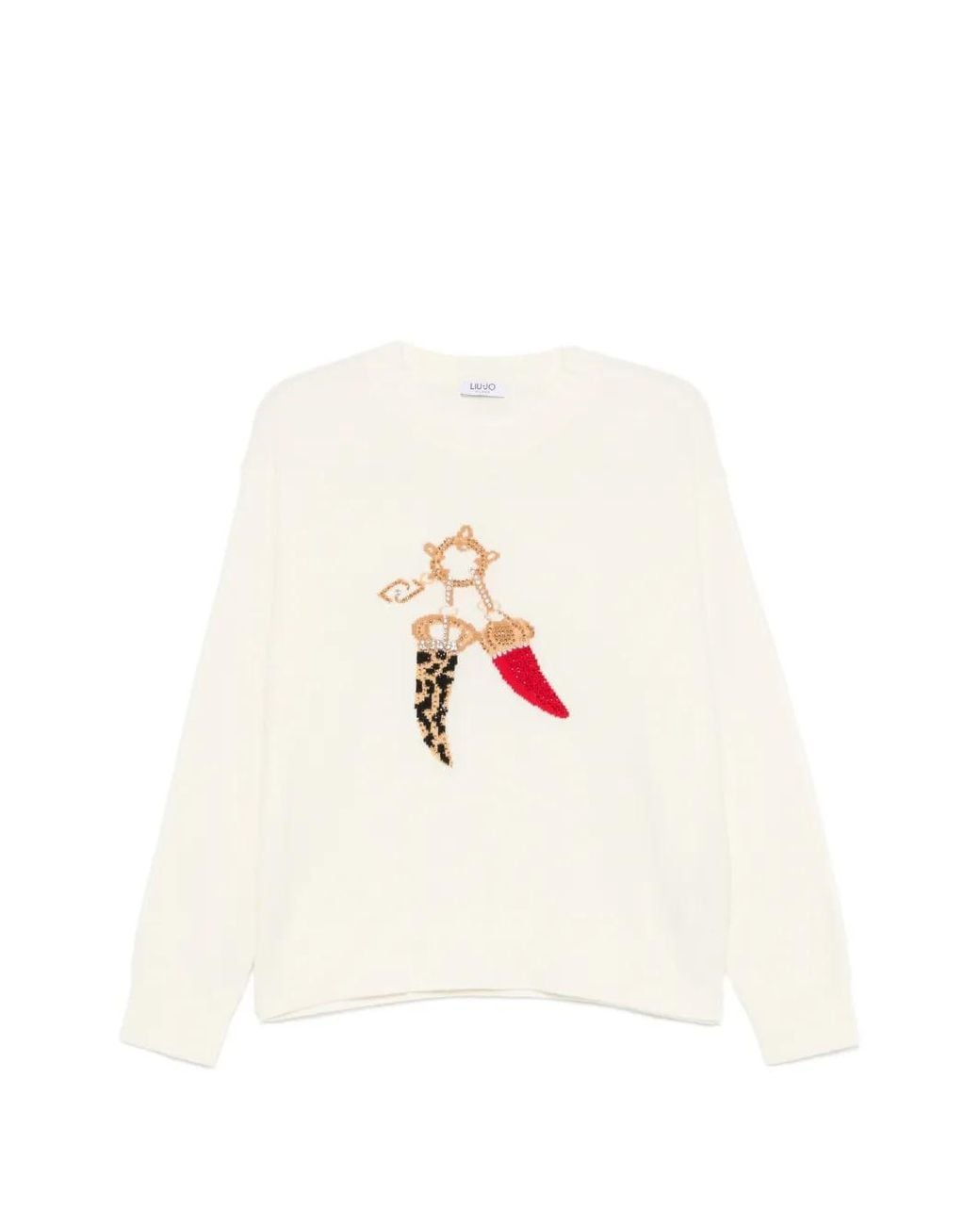 Liu Jo White Crystal-Embellished Graphic-Print Sweater
