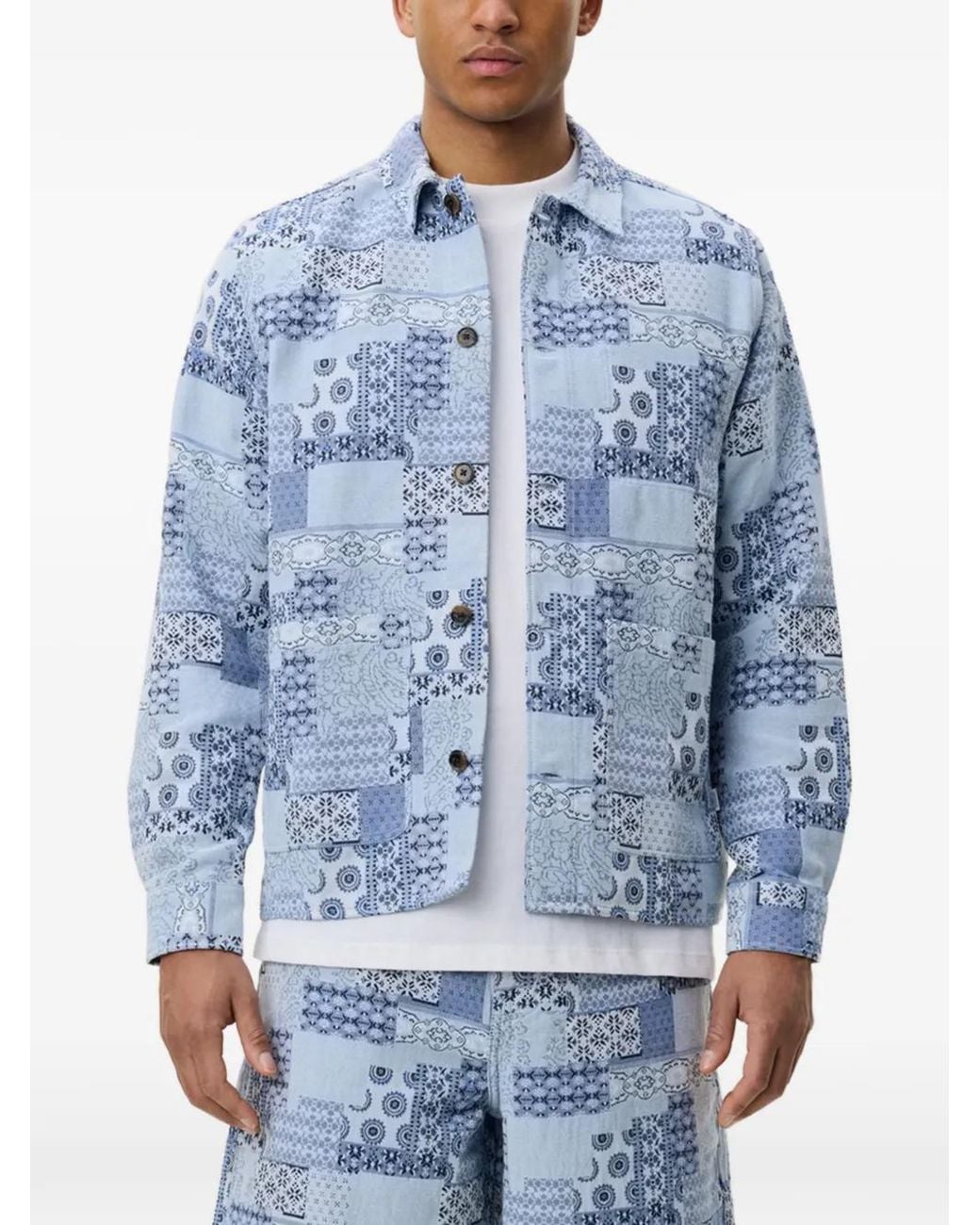 Les Deux Blue Patchwork Paisley-Print Jacket for men
