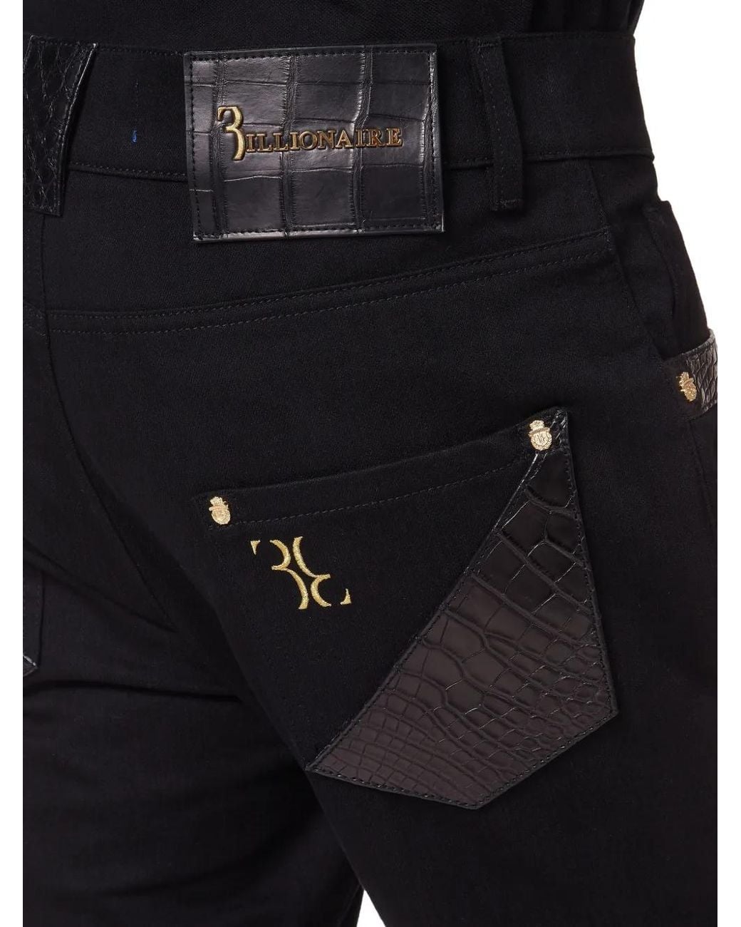 Billionaire Black Crocodile-Effect Trim Jeans for men