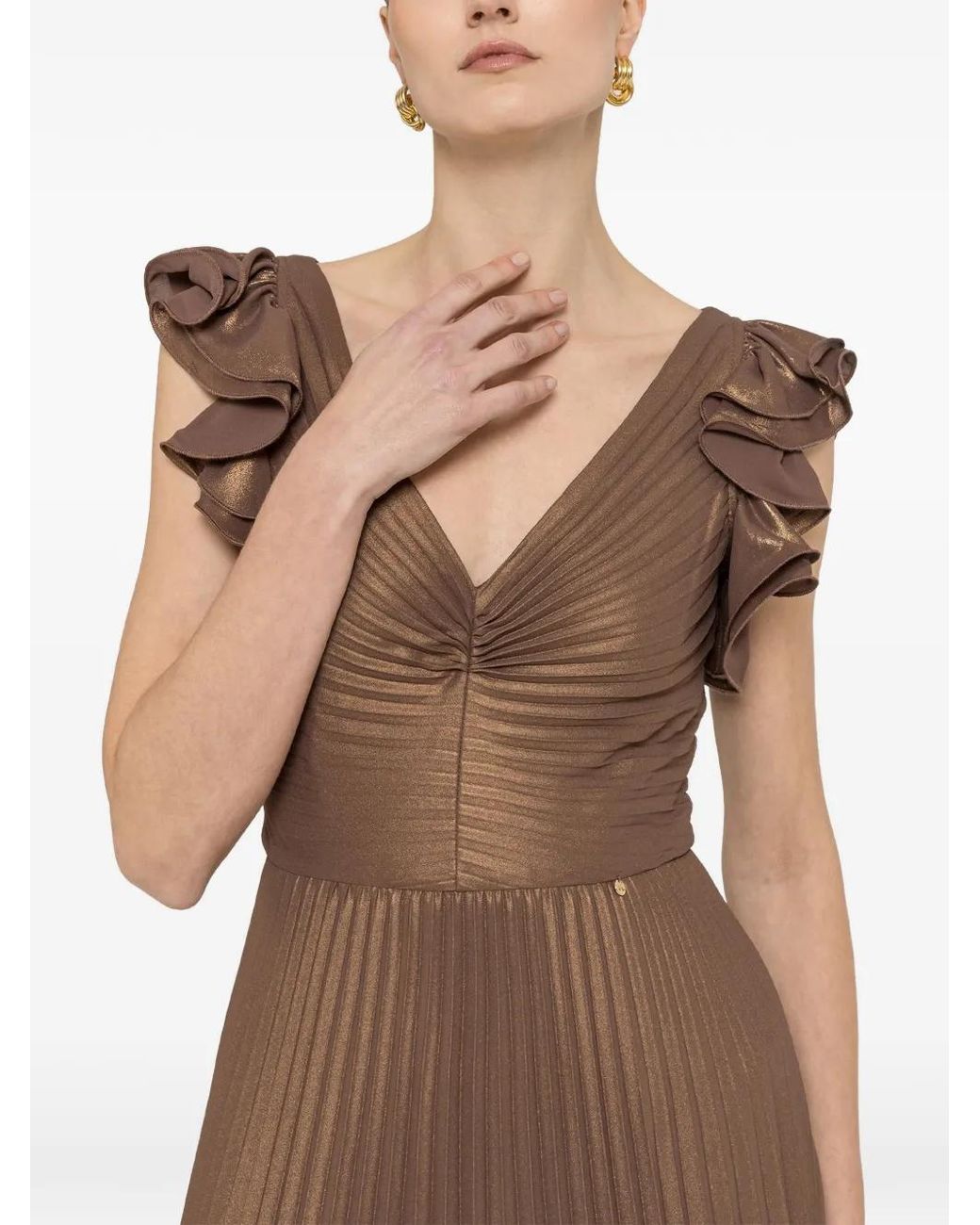 Nissa Natural Ruffled Pleated Midi Dress