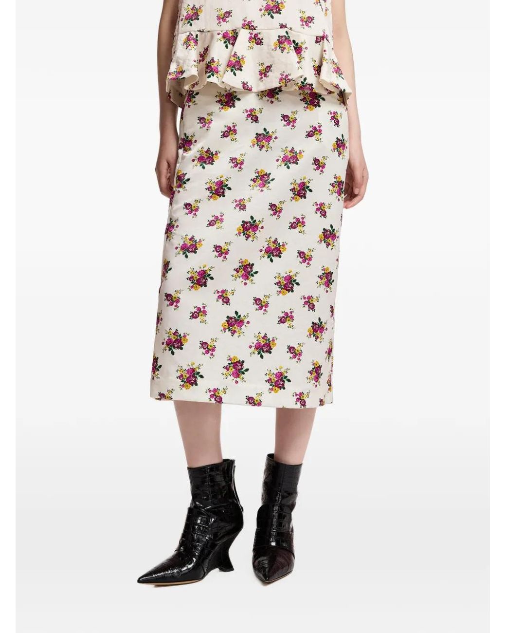 Essentiel Antwerp White Kustard Floral-Print Back-Slit Midi Skirt
