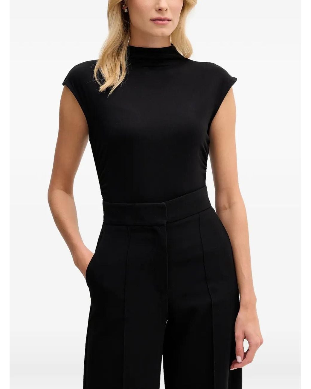 DKNY Black Mock-Neck Ruched Top