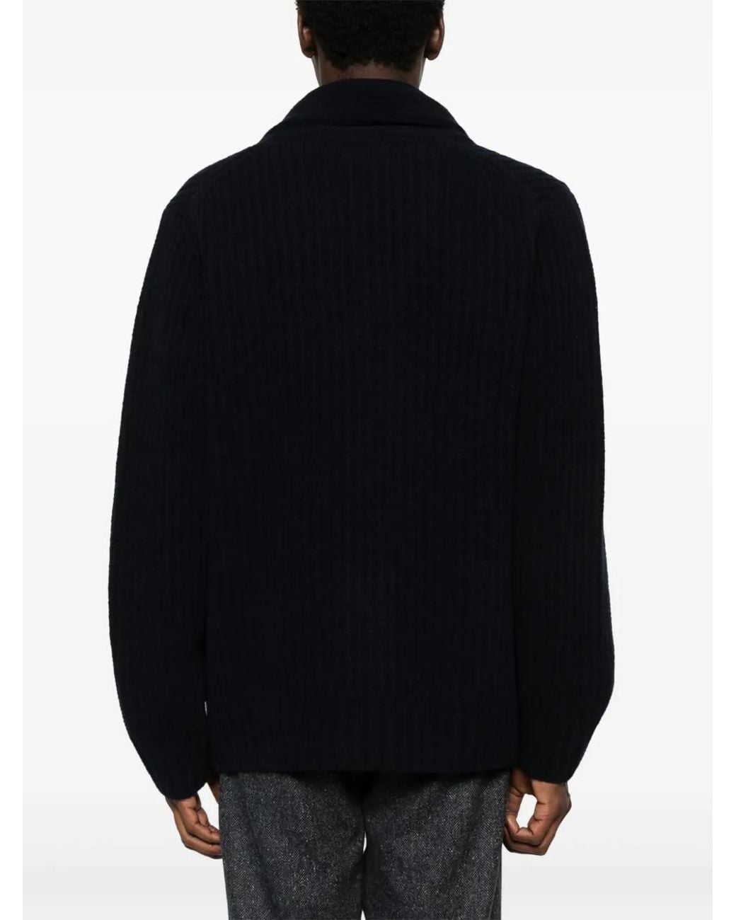 Closed Blue Ribbed-Knit Shawl-Collar Cardigan for men