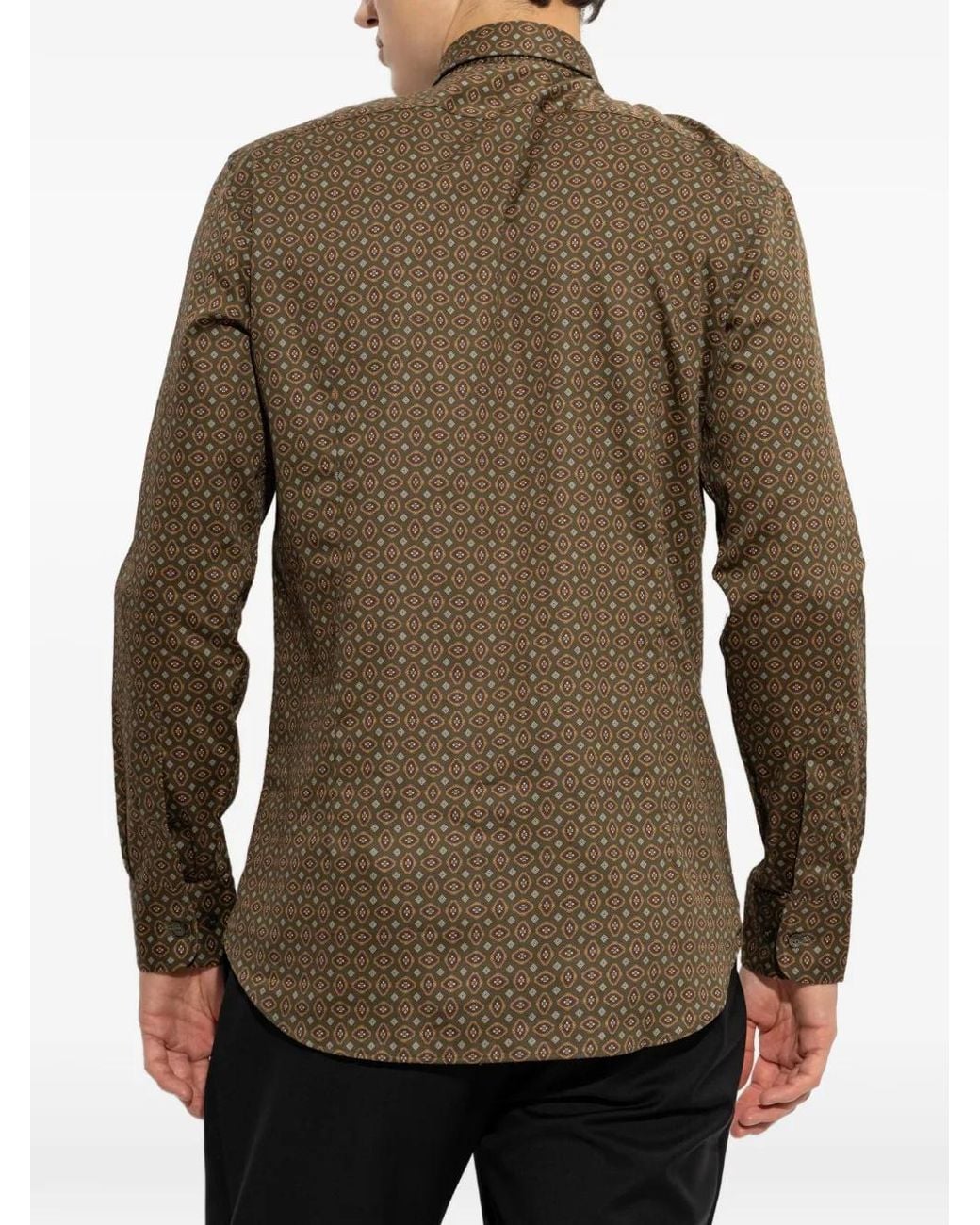 Etro Green Pure Cotton Satin Long-Sleeved Shirt With All-Over Tie-Style Print for men