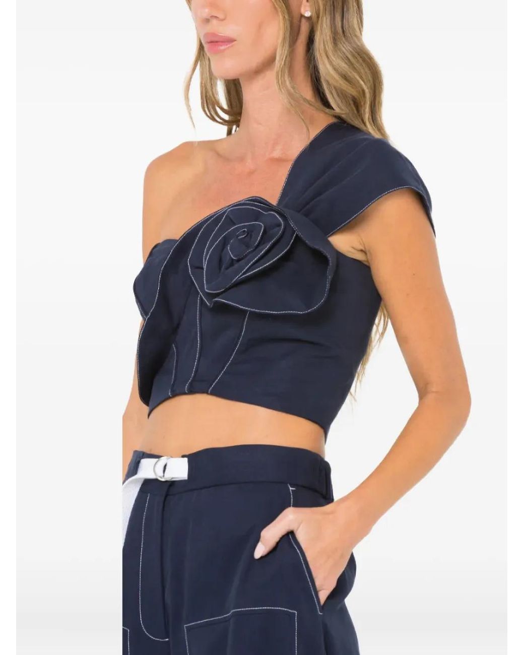 JBQ Blue Blaire Asymmetrical Rose-Detail Top