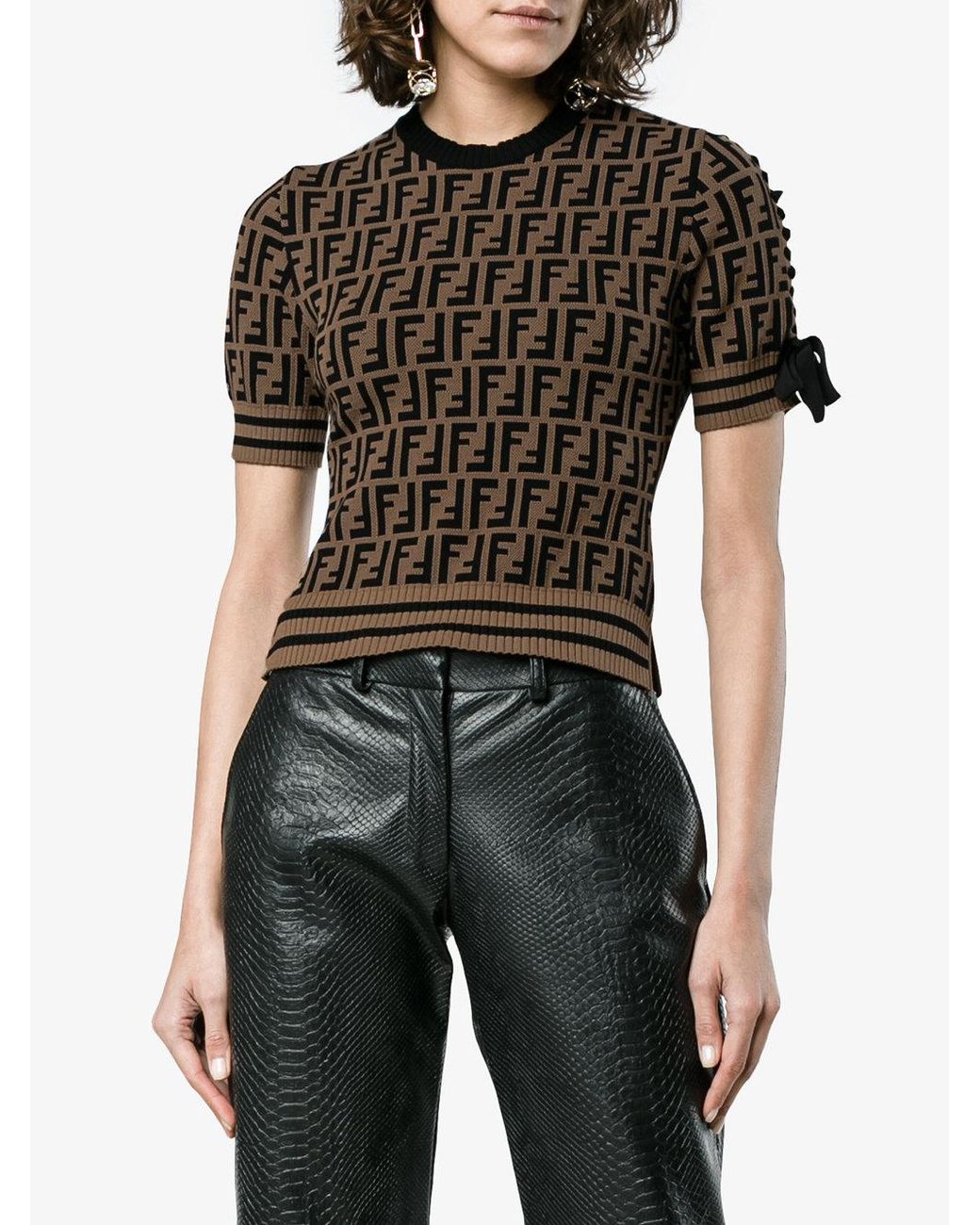 Fendi Knitted T Shirt With Logo Pattern in Brown | Lyst