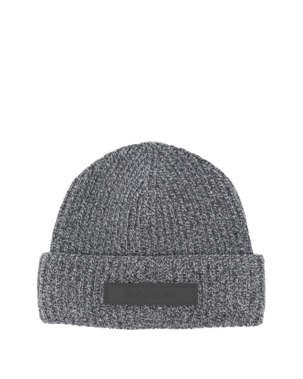 Moncler Gray Ribbed Logo-Plaque Beanie Hat for men