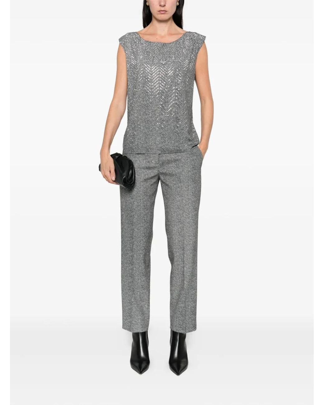 Ermanno Scervino Gray Herringbone-Pattern Sequin-Embellishment Top