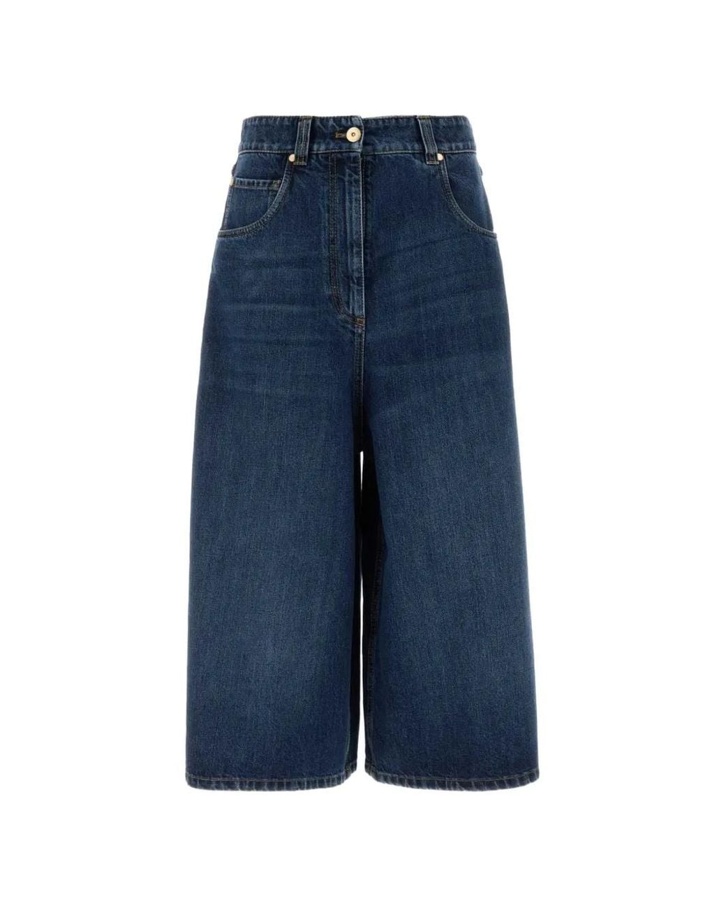 Brunello Cucinelli Blue Authentic Denim Baggy Cropped Trousers With Monili