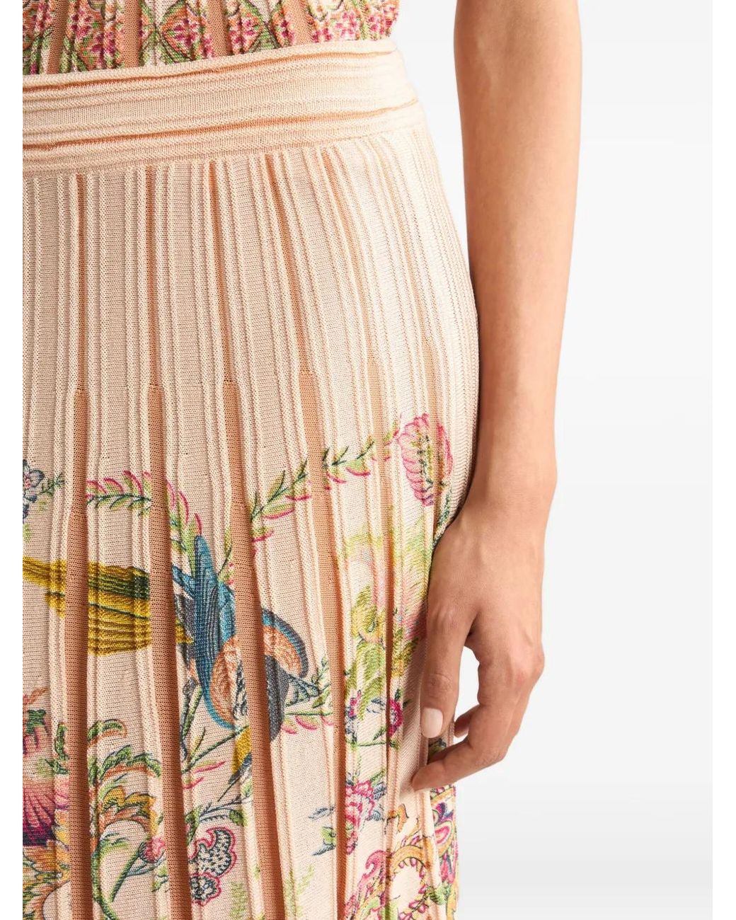 Etro Natural Pleated Flora Fauna-Print Midi Skirt