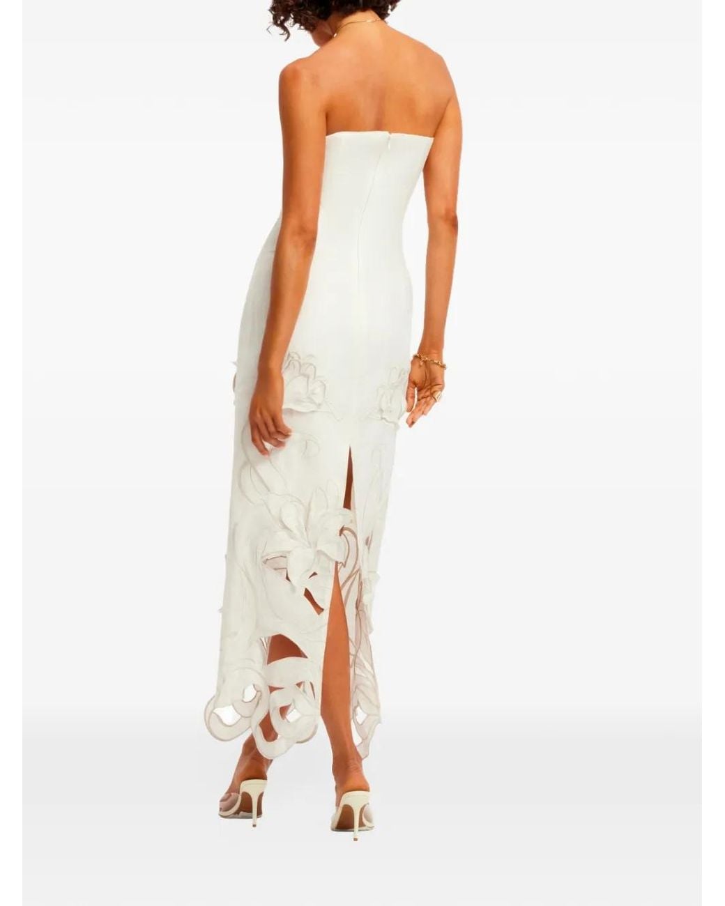 LEO LIN Natural Rayna Laser-Cut Floral-Embroidery Strapless Slim-Fit Maxi Dress