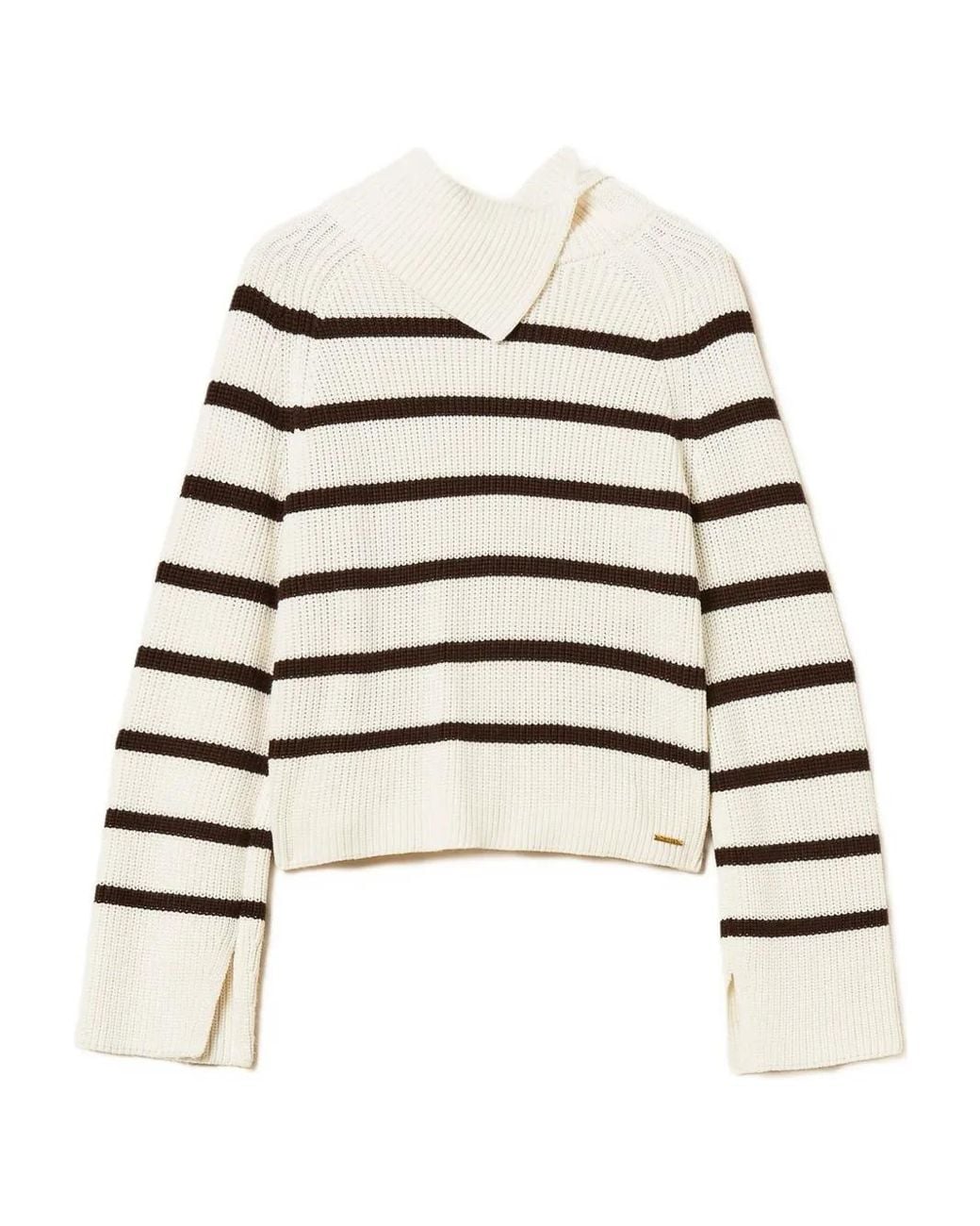 Twinset White Striped Asymmetrical-Neck Sweater