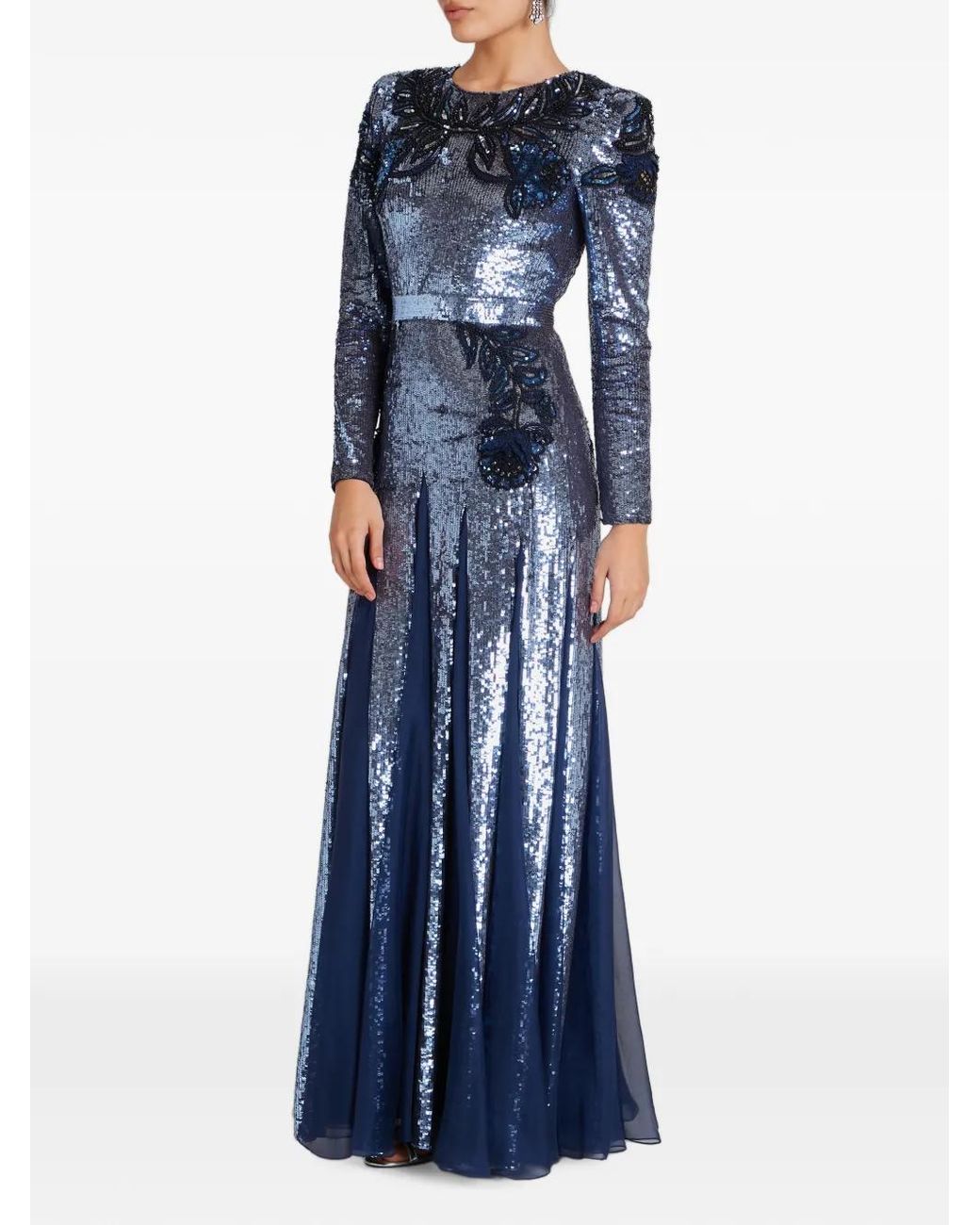 Temperley London Blue Robe Longue Porta À Fleurs Brodées