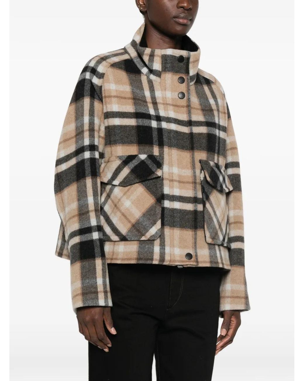 Pinko Natural Double-Layered Check-Pattern High-Neck Coat