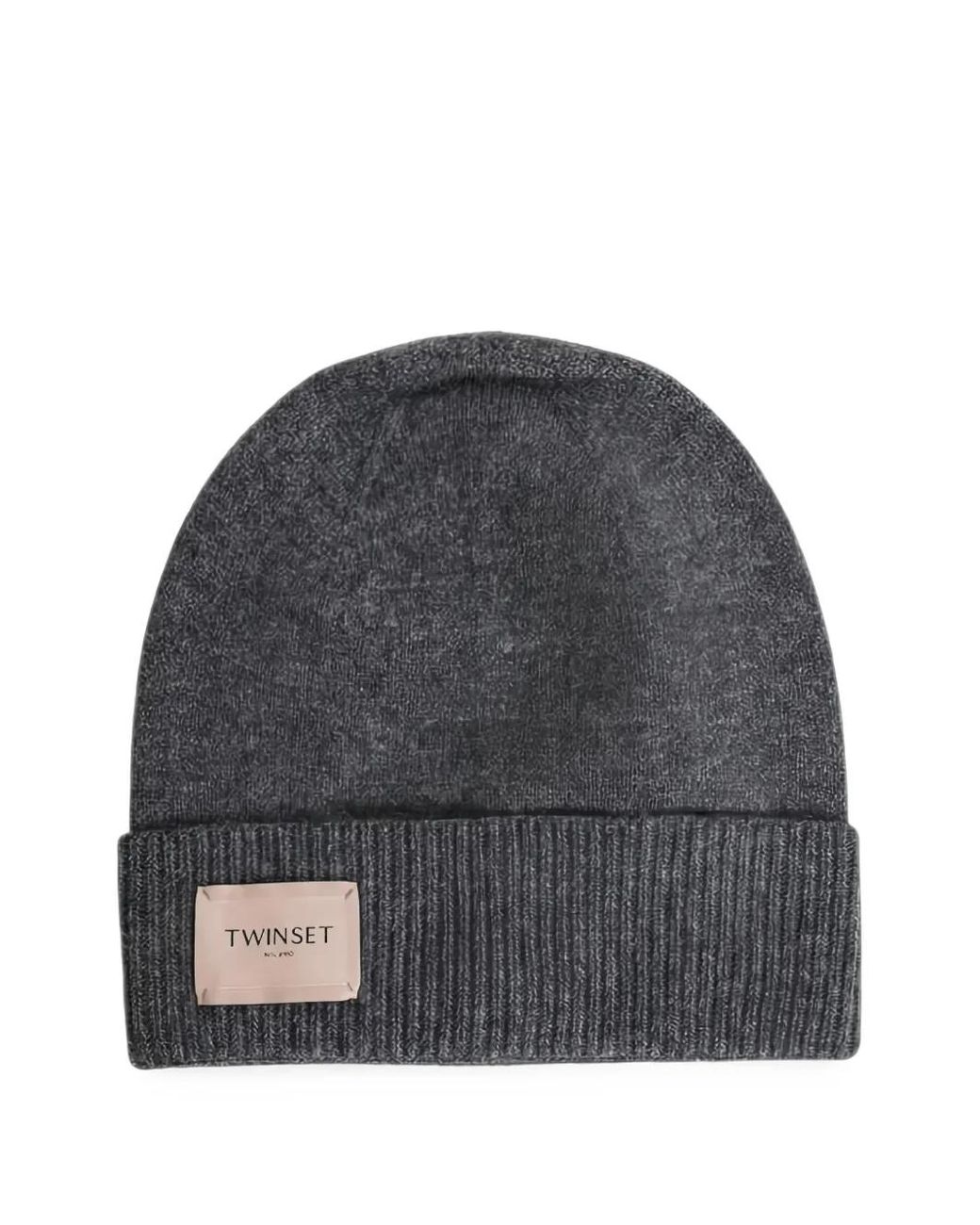 Twinset Gray Logo-Patch Ribbed-Trim Beanie Hat