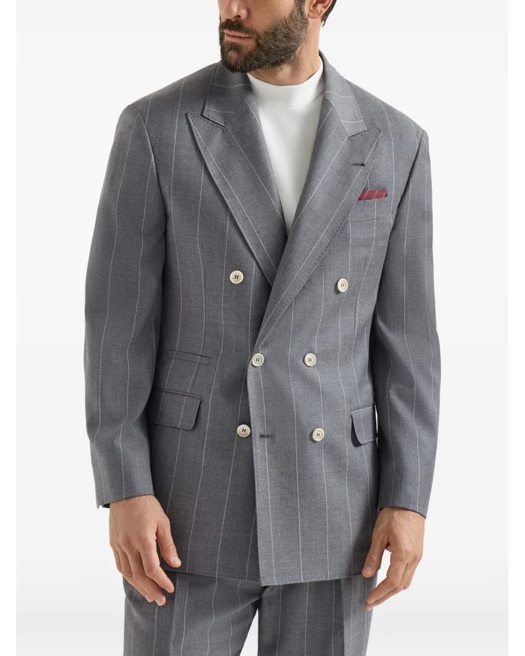 Brunello Cucinelli Gray Virgin Wool Chalk Stripe One-And-A-Half Breasted Tailor Blazer for men