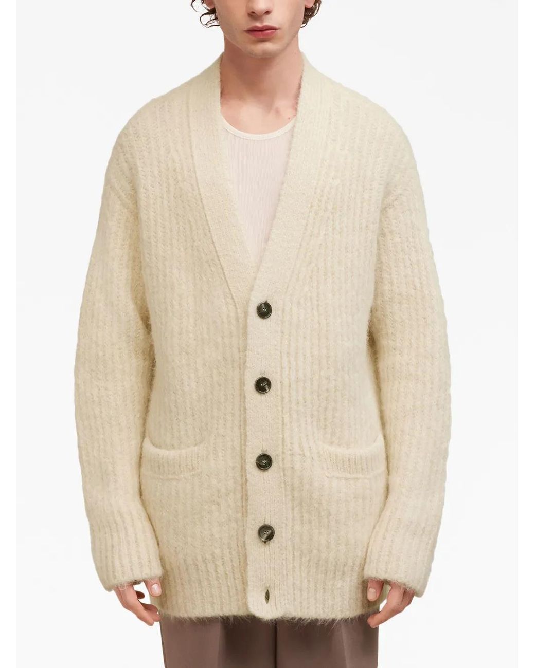 AMI Natural V-Neck Rib-Knit Cardigan