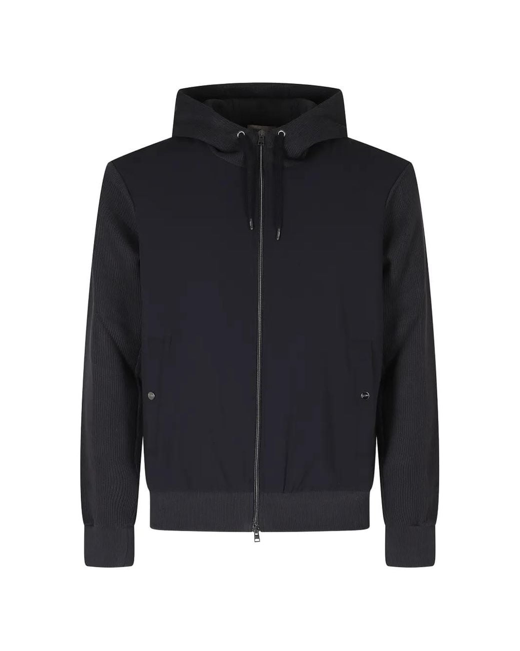 Herno Blue Ribbed-Knit Panelled Hooded Jacket for men