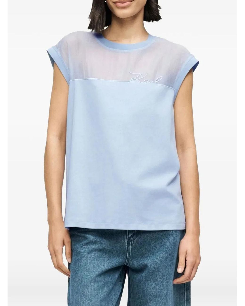 Karl Lagerfeld Blue Signature Sheer-Panel T-Shirt