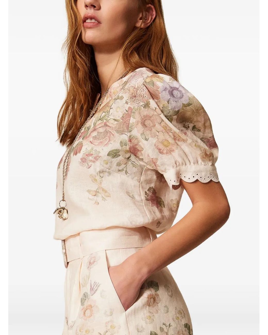 Twinset Natural Floral-Print Linen Shorts