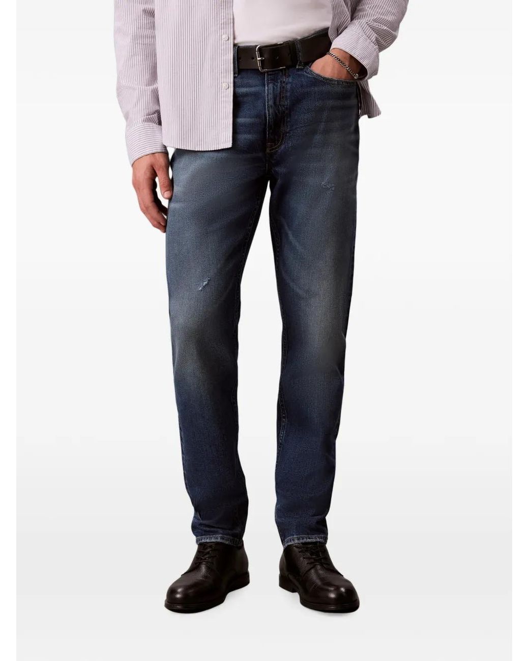 Calvin Klein Blue Distressed Whisker-Effect Jeans for men