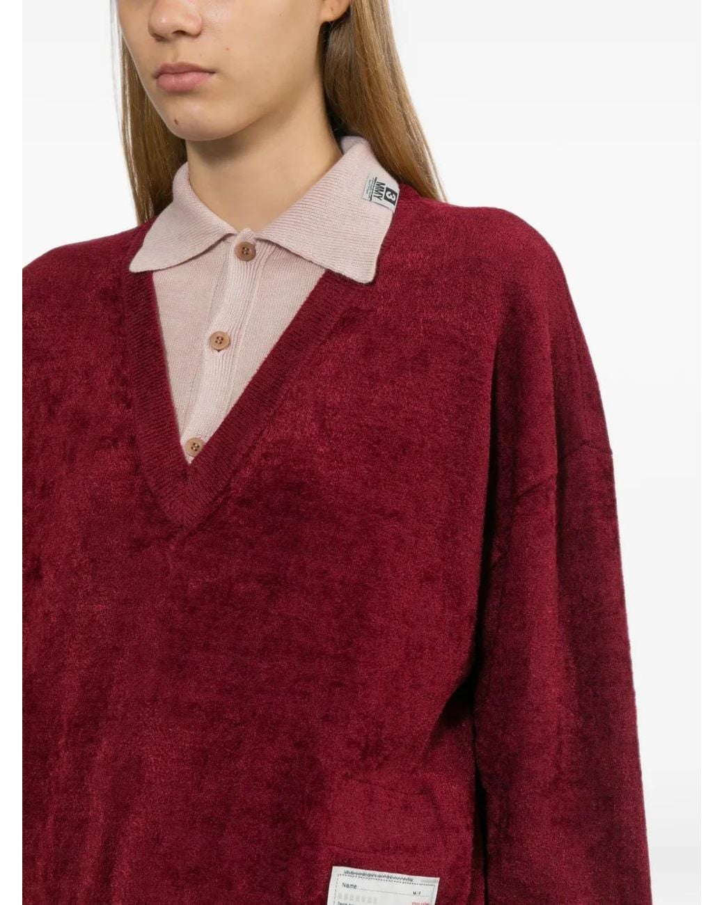 Maison Mihara Yasuhiro Red V-Neck Logo-Patch Jumper