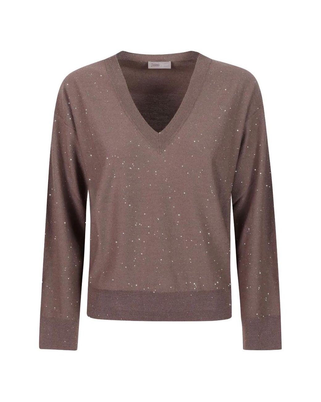 Herno Brown Sequin-Embellished V-Neck Sweater