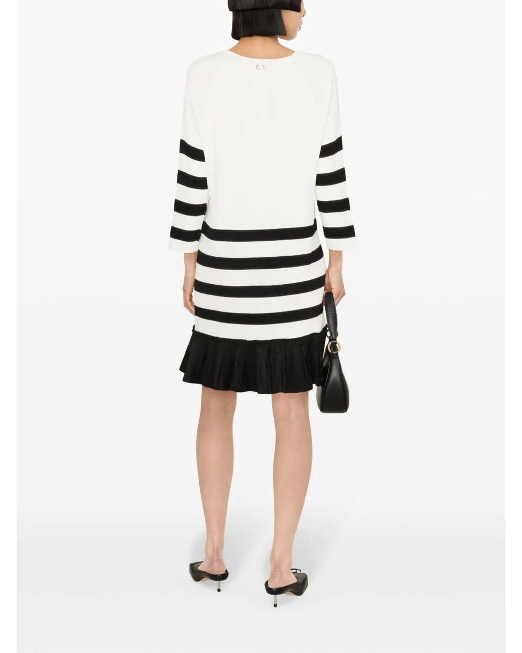 Twinset White Stripe-Print Flounce-Hem Dress
