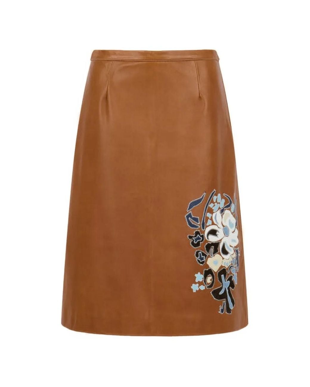 Marni Brown Leather Skirt With Flower Intarsia