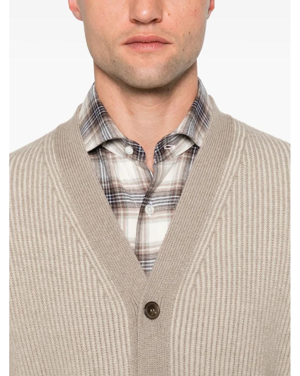 FILIPPO DE LAURENTIIS Natural Cardigan En Maille Nervurée À Col V for men